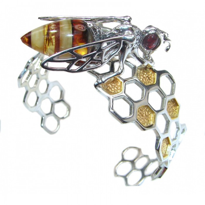 Real Masterpiece Honey Bee Polish Amber Two Tones .925 Sterling Silver HANDCRAFTED Bracelet / Cuff