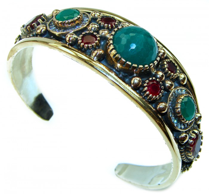 Victorian Style Created Emerald & White Topaz Sterling Silver Bracelet / Cuff