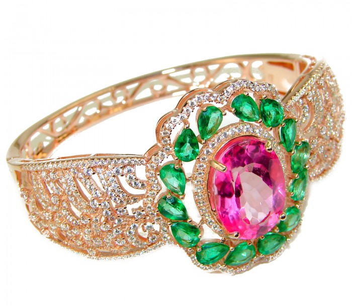 Chunky Luxury Pink Rainbow Topaz 14K Rose Gold over .925 Sterling Silver handmade Cuff/Bracelet