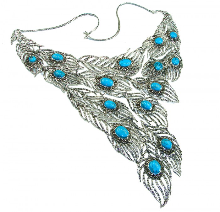 HUGE 102.9 grams Peacock Feather design genuine Turquoise .925 Sterling Silver handcrafted Necklace