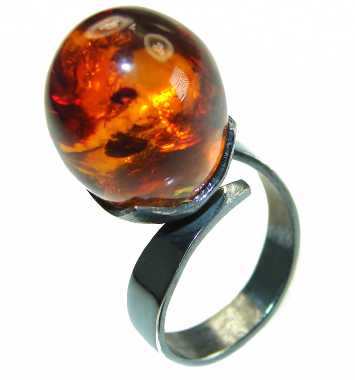 Authentic Baltic Amber black rhodium over .925 Sterling Silver handcrafted ring; s. 8 3/4