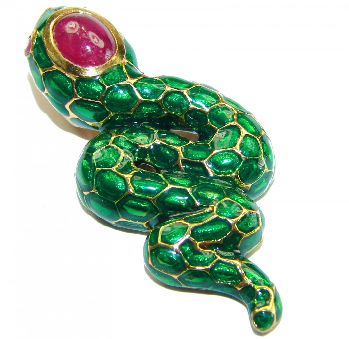 INCREDIBLE Natural Ruby Enamel Snake 14K Gold over .925 Sterling Silver Pendant
