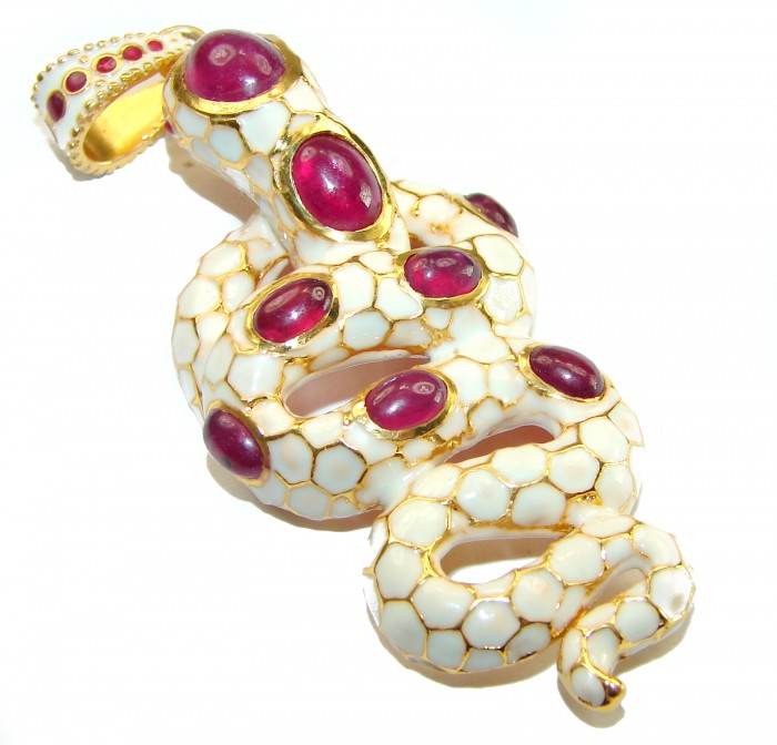 INCREDIBLE Natural Ruby Enamel Snake 14K Gold over .925 Sterling Silver Pendant