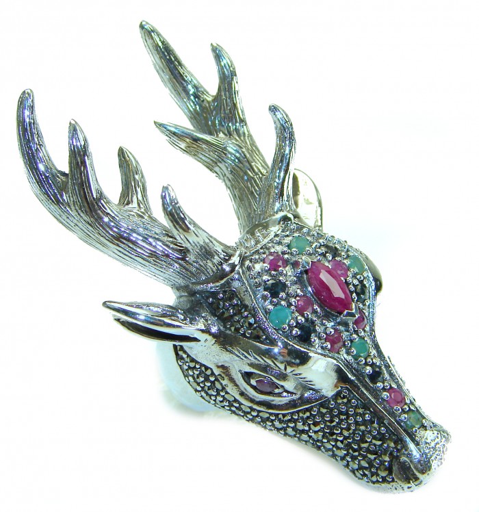 Large Deer Head Authentic Ruby .925 Sterling Silver handmade Ring size 7