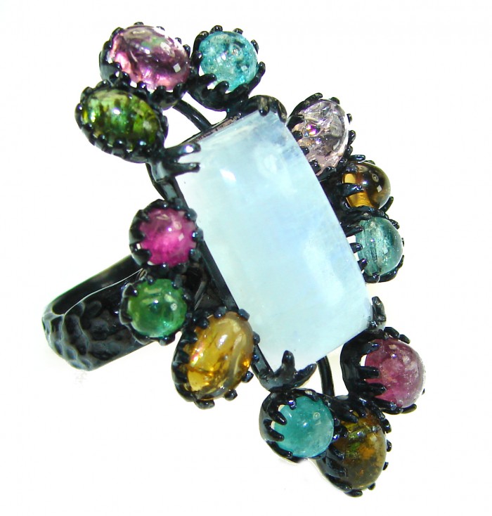 Best quality Genuine Fire Moonstone black rhodium over .925 Sterling Silver handcrafted ring size 7 1/2
