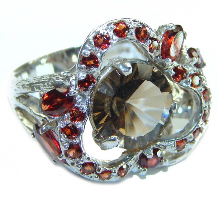 Solid authentic Smoky Topaz Garnet .925 Sterling Silver Large handcrafted Ring size 8 1/4