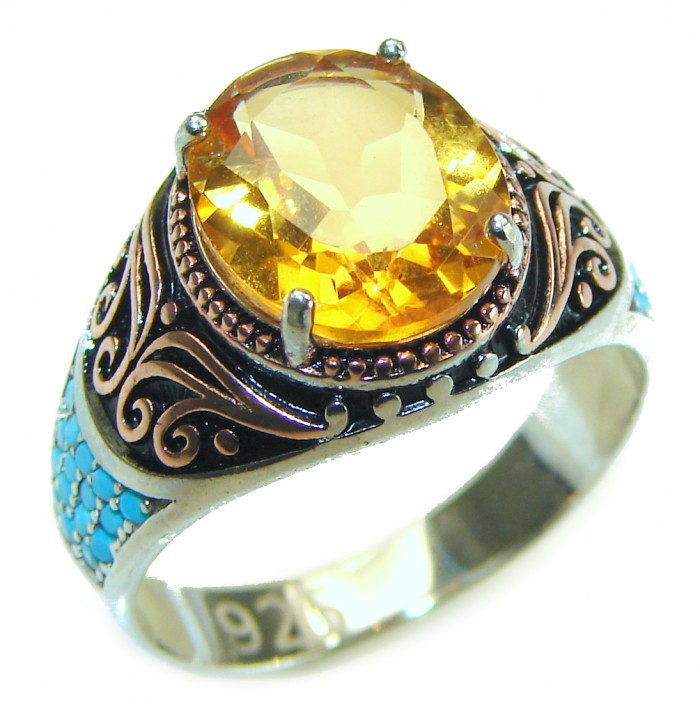 Genuine Citrine Turquoise .925 Sterling Silver handmade Cocktail Ring s. 9 1/4