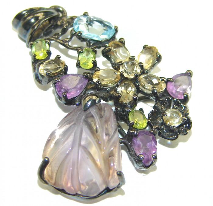 Natural carved Pink Ametrine black rhodium over .925 Sterling Silver Pendant