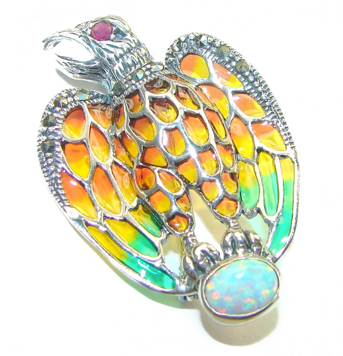 Natural Enamel Eagle .925 Sterling Silver Brooch Pendant