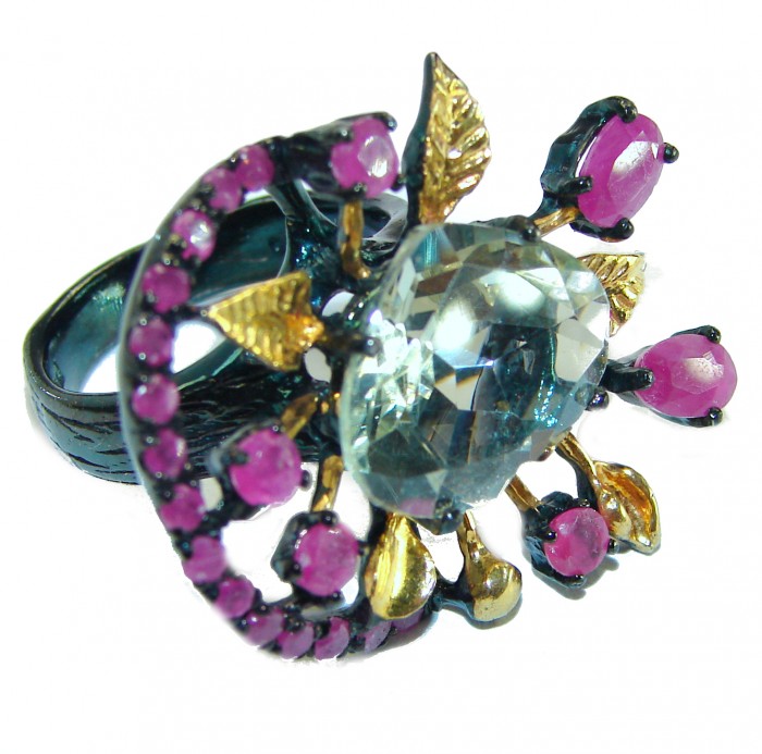 Huge 11.8 carat Genuine Green Amethyst black rhodium over .925 Sterling Silver handcrafted ring size 7