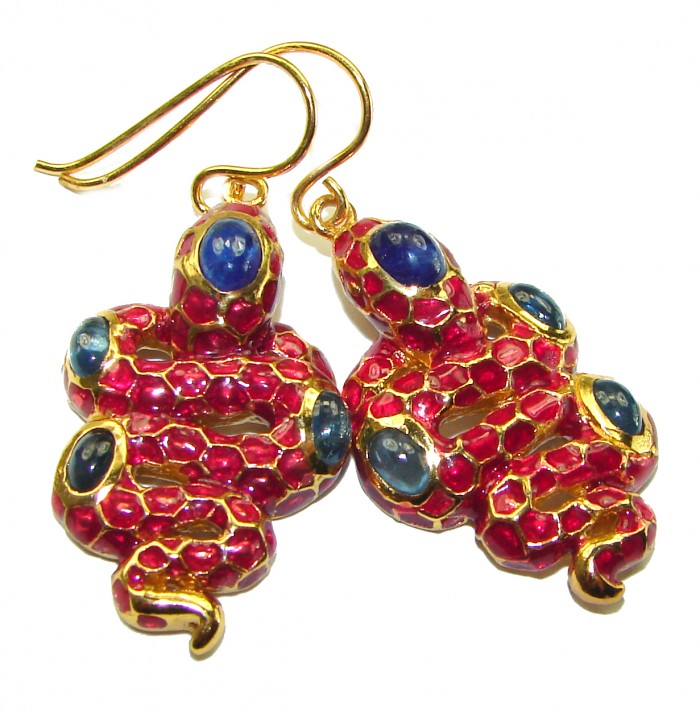 Very Unique Snakes Ruby Enamel 18K Gold over .925 Sterling Silver handcrafted earrings
