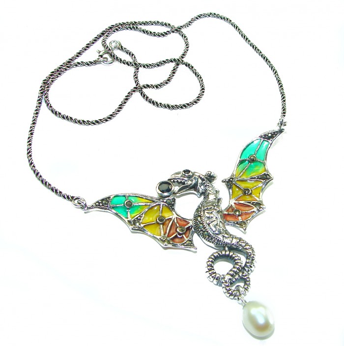 Awesome Flying Dragon Natural Enamel .925 Silver handcrafted Necklace