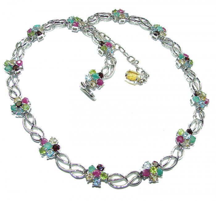 Luxurious Floral design Authentic Ruby Emerald .925 Sterling Silver handcrafted Statement necklace