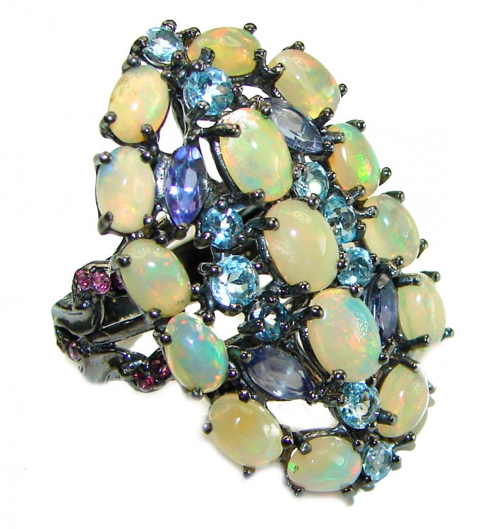 Mesmerizing Fire best quality Mexican Opal Ethiopian Opal black rhodium over .925 Sterling Silver handmade ring 8 - video