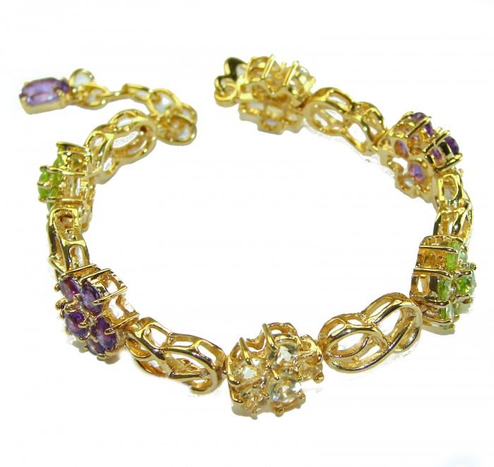 Luxurious Floral design Authentic Peridot Amethyst 14K Gold over .925 Sterling Silver handcrafted Bracelet