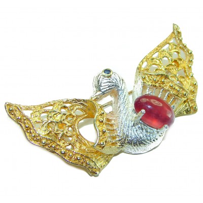 Perfect Swan Ruby 14K Gold over .925 Sterling Silver handmade Pendant Brooch