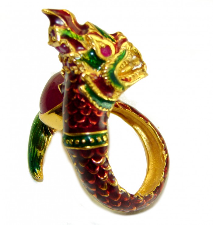 Dragon - symbolizes supernatural power- Enamel Ruby 18K Gold over .925 Sterling Silver Huge handcrafted Ring s. 8