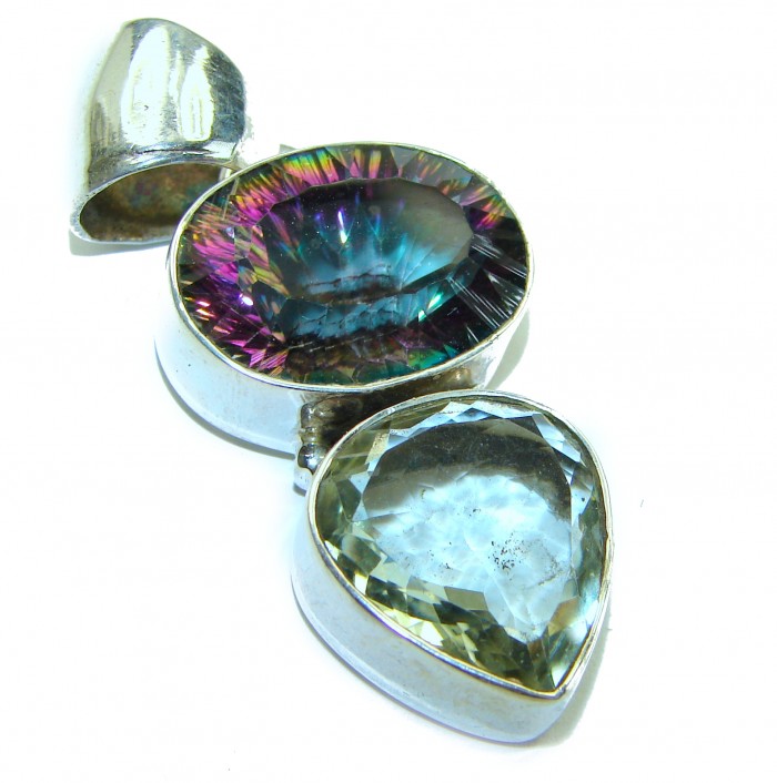 25.2 carat oval cut Mystic Aurora Topaz .925 Sterling Silver handcrafted Pendant