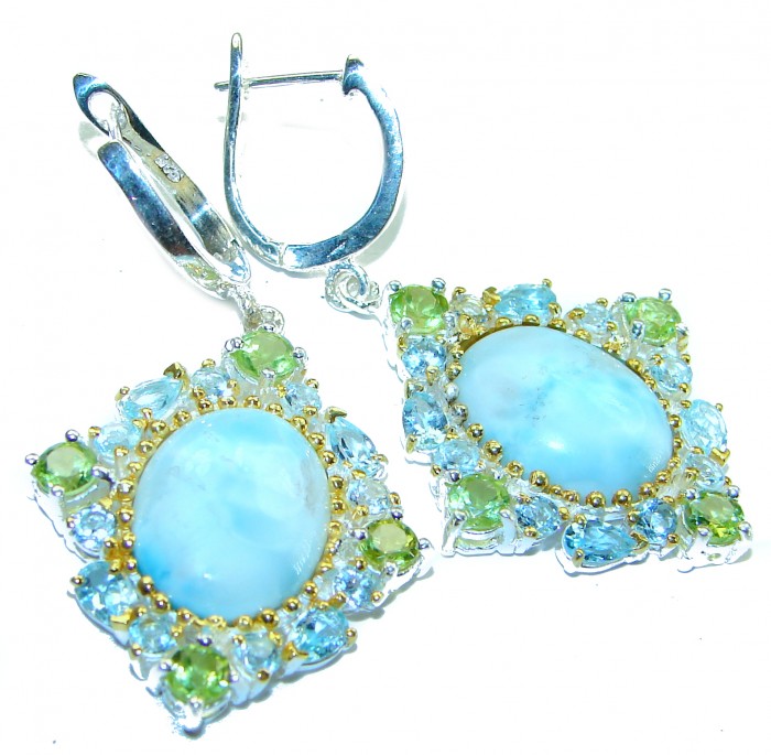 Venus Genuine 14.5 carat Blue Larimar 14K Gold over .925 Sterling Silver handmade earrings
