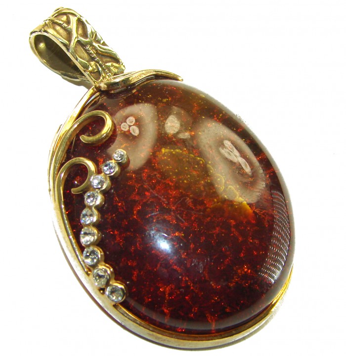 Best quality Large Cognac Baltic Amber white Crystals 14K Gold over .925 Sterling Silver handmade Pendant