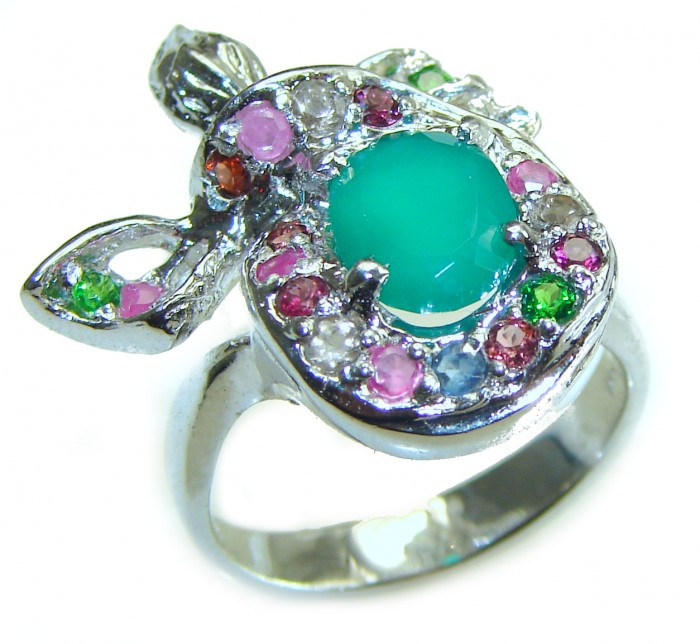 Vintage Style Jade Ruby .925 Sterling Silver handmade Cocktail Ring s. 7