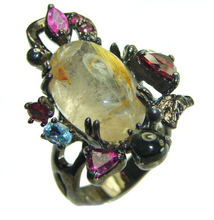 Pure Magic Best quality 9.5 carat Golden Rutilated Quartz black rhodium over .925 Sterling Silver handcrafted Ring Size 7 - video
