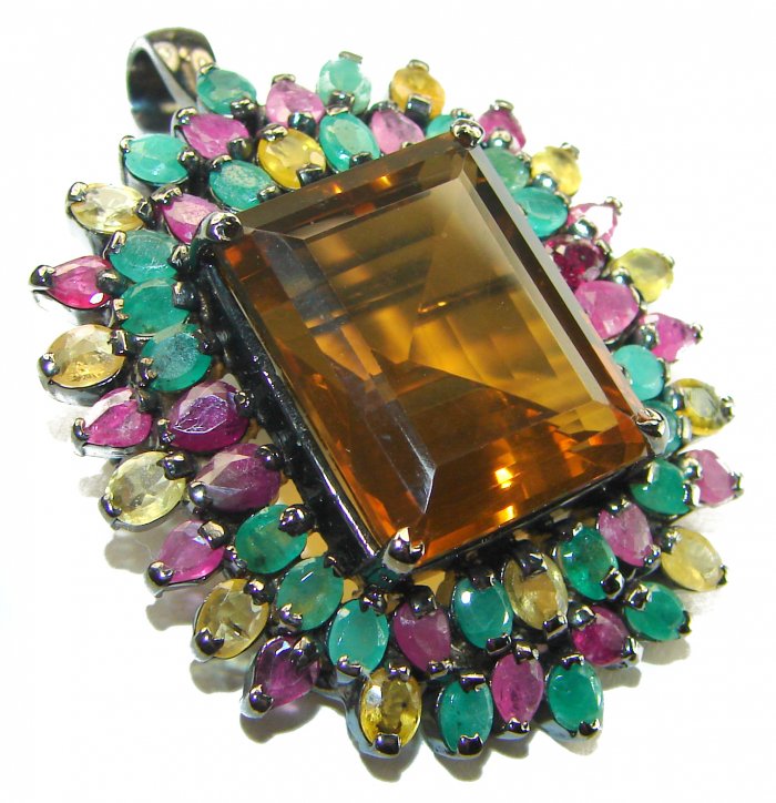 Luxurious 48.5 carat Fancy Smoky Topaz Multicolored Sapphire black rhodium over .925 Sterling Silver handmade Large Pendant - Brooch - video