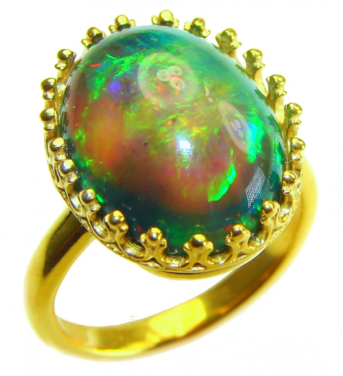 A COSMIC POWER Genuine 12.2 carat Black Opal 18K Gold over .925 Sterling Silver handmade Ring size 8