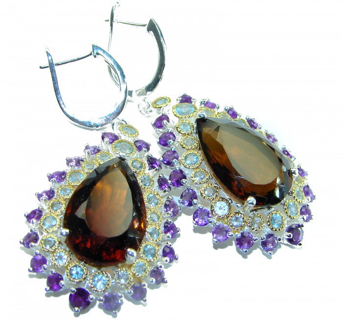 Alessandra pear cut 22.5 carat Champagne Smoky Topaz 14K Gold over .925 Sterling Silver handmade Earrings