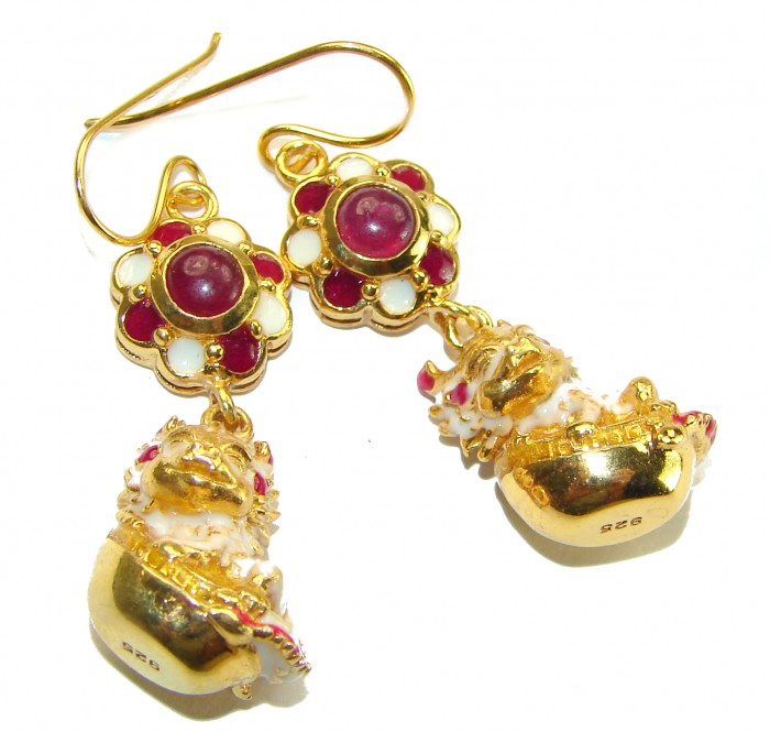 Golden Chipmunks Genuine Ruby Enamel 14K Gold over .925 Sterling Silver handcrafted Earrings