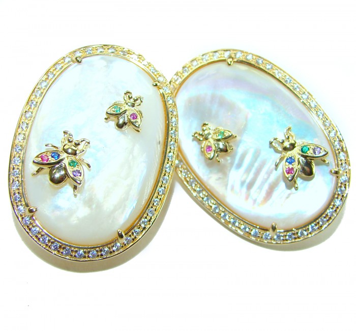 Genuine Blister Pearl lab grown Diamond 18K Gold over .925 Sterling Silver handcrafted Large Statement Earrings