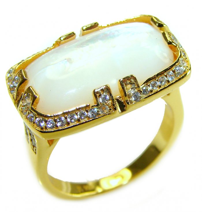 Luxurious Blister Pearl 0.6 carat lab. grown diamonds 18K Gold over .925 Sterling Silver brilliantly handcrafted ring s. 7 1/2 - video