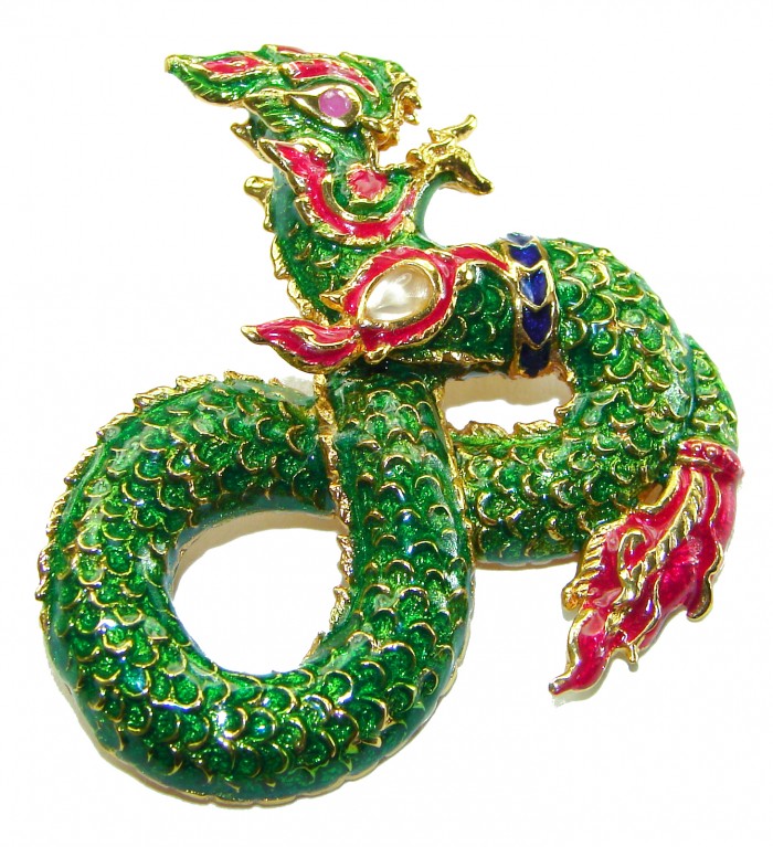 INCREDIBLE Natural Ruby Enamel Dragon 18K Gold over .925 Sterling Silver handcrafted Pendant