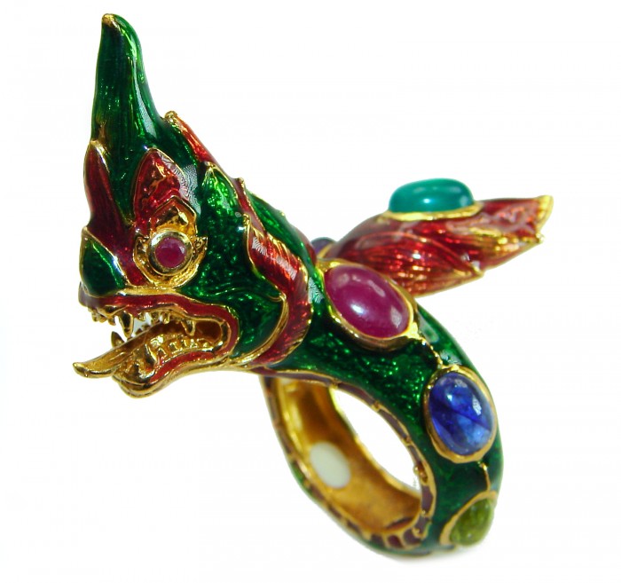 Dragon - symbolizes supernatural power- Enamel Ruby 18K Gold over .925 Sterling Silver Huge handcrafted Ring s. 9