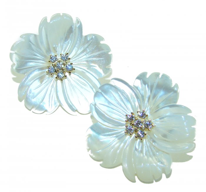 Genuine Blister Pearl lab grown Diamond 18K Gold over .925 Sterling Silver handcrafted Large Statement Earrings - video
