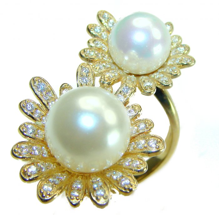 Luxurious 2 Pearls 0.7 carat lab. grown diamonds 18K Gold over .925 Sterling Silver brilliantly handcrafted ring s. 8 1/4 - video