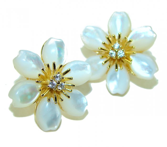 Genuine Blister Pearl lab grown Diamond 18K Gold over .925 Sterling Silver handcrafted Large Statement Earrings - video