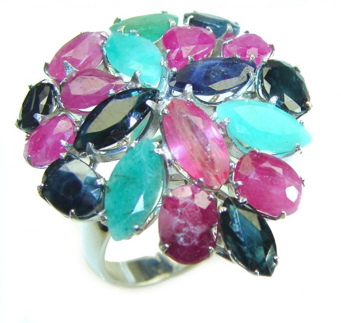 Carmen - Precious Natural 32.5 carat Ruby Emerald Sapphire .925 Sterling Silver handcrafted.925 Silver handcrafted Cocktail Ring s. 8 3/4