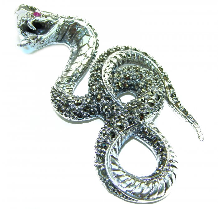Large 2 5/8 inches long Cobra Snake genuine Marcasite .925 Sterling Silver handmade Pendant - video