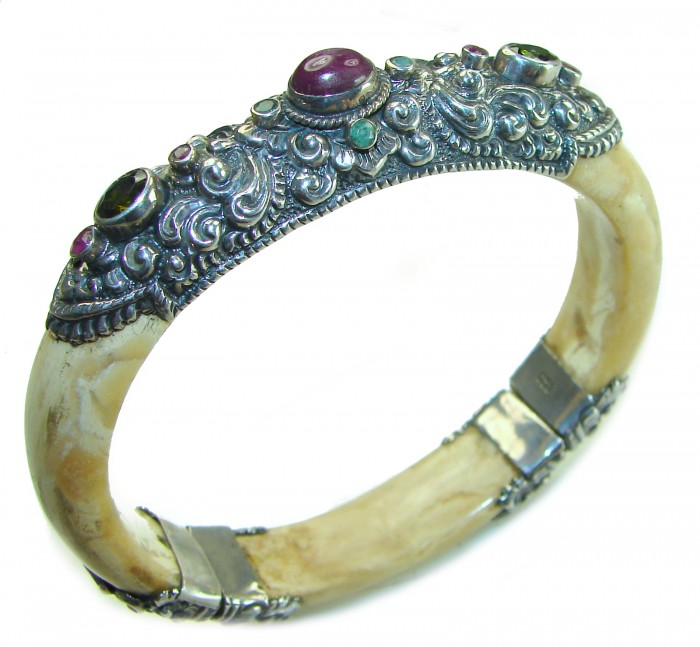 Authentic Buffalo Carved Bone 3.5 carat Ruby Amethyst .925 Sterling Silver handcrafted Bali Bracelet / Cuff