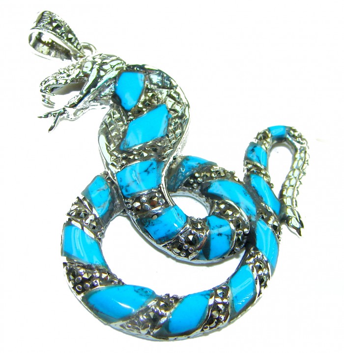 Blue Cobra Snake inlay Turquoise .925 Sterling Silver handcrafted Pendant