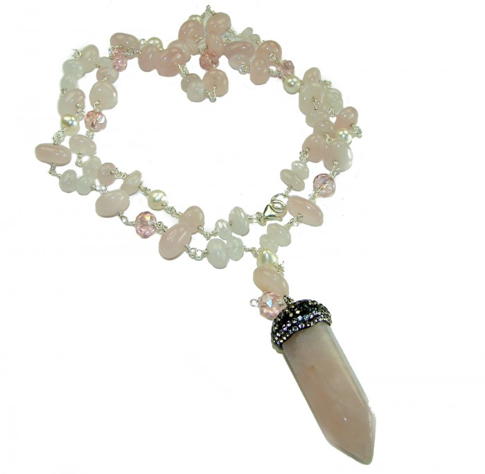 28 inches long Graceful Rose Quartz 14K Rose Gold over .925 Sterling Silver handcrafted necklace
