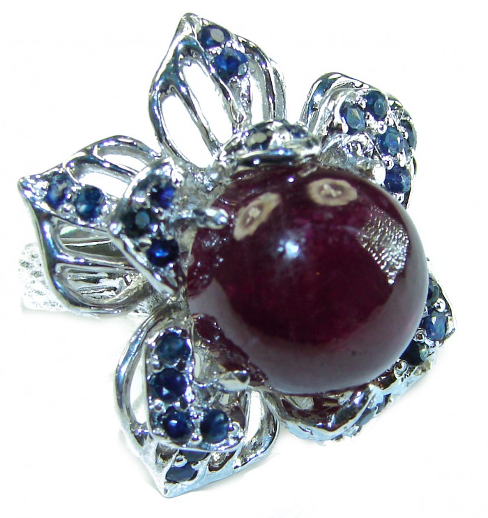 Large Magic Flower Authentic Star Ruby Sapphire .925 Sterling Silver handcrafted ring size 8
