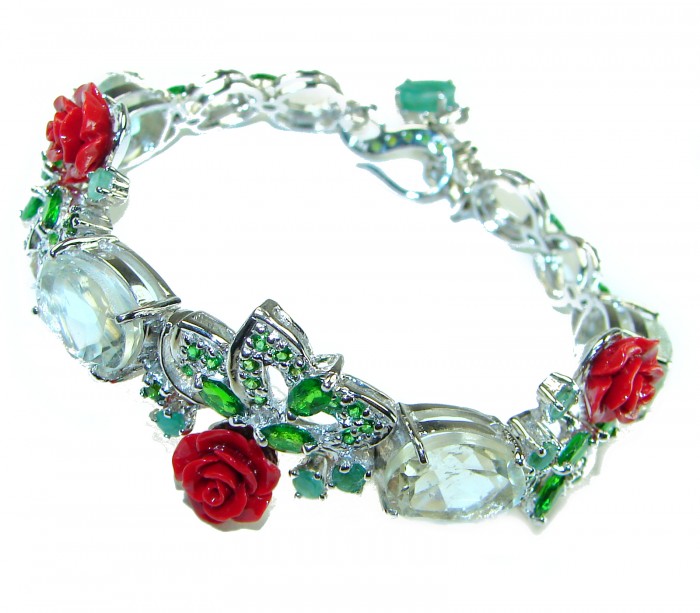 Enchanted Rose Garden Genuine carved Coral .925 Sterling Silver handcrafted Bracelet