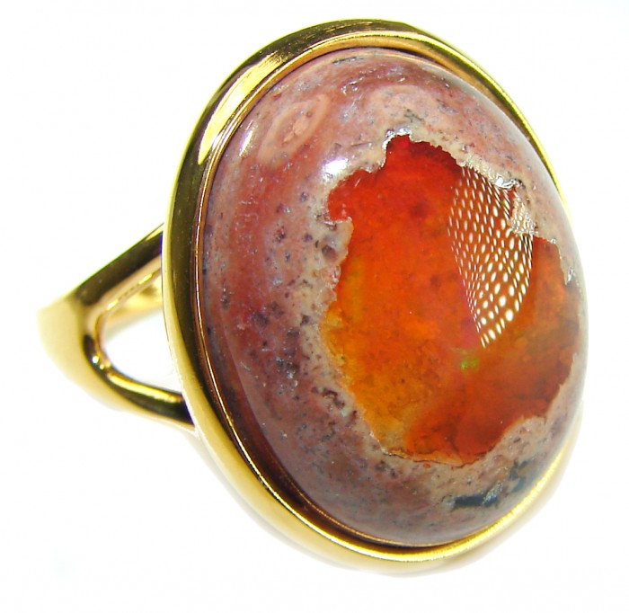 Queen of Fire best quality 22.4 carat Mexican Opal 18K Gold over .925 Sterling Silver handmade ring 8 1/4