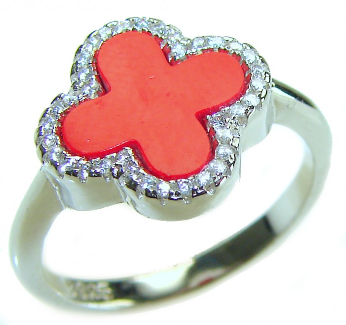 A four-leaf clover Coral .925 Sterling Silver handcrafted ring s. 8