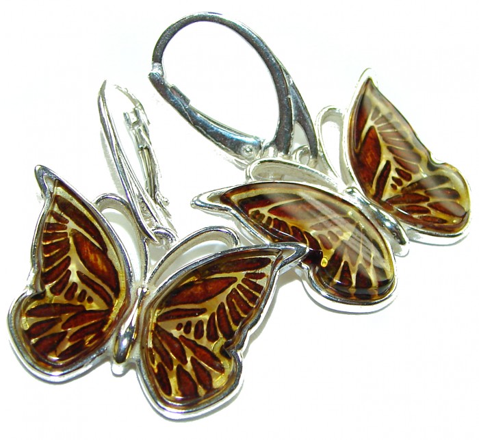 Butterflies carved Baltic Polish Amber .925 Sterling Silver earrings