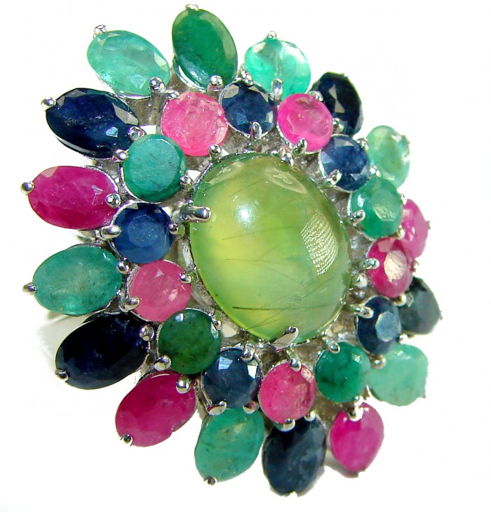 Incredible 45.5 carat Prehnite Ruby Emerald Sapphire . 925 Sterling Silver Ring s. 7
