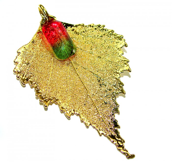 Stylish REAL Leaf Coved with Sterling Silver and 14K Gold Golden Topaz Tourmaline & .925 Sterling Silver Pendant
