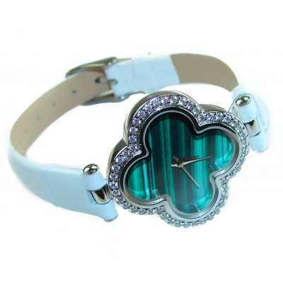 Precious 18.5 carat Authentic Four Leaf Clover Malachite Genuine Leather strap .925 Sterling Silver handmade Watch